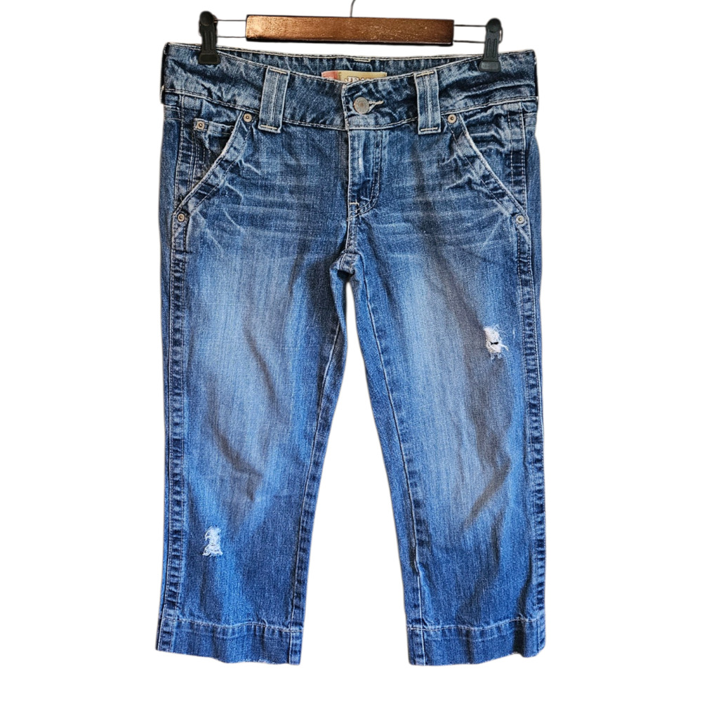 Old Navy Size 6 Ultra Low Waist Distressed Capri Crop Jeans Blue Cotton Denim